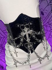 PU leather metal chain cross applique waist chain