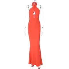 Cross front solid hollow out halter backless 2-way cut out maxi dress-final-sale