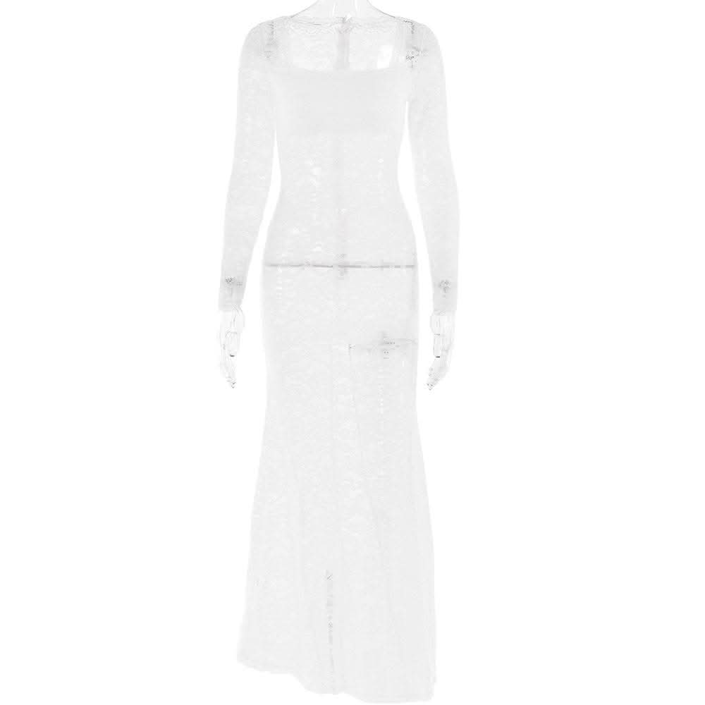 Lace see through square neck long sleeve zip-up solid maxi dress-final-sale