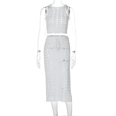 Knitted hollow out slit cami cut out midi skirt set