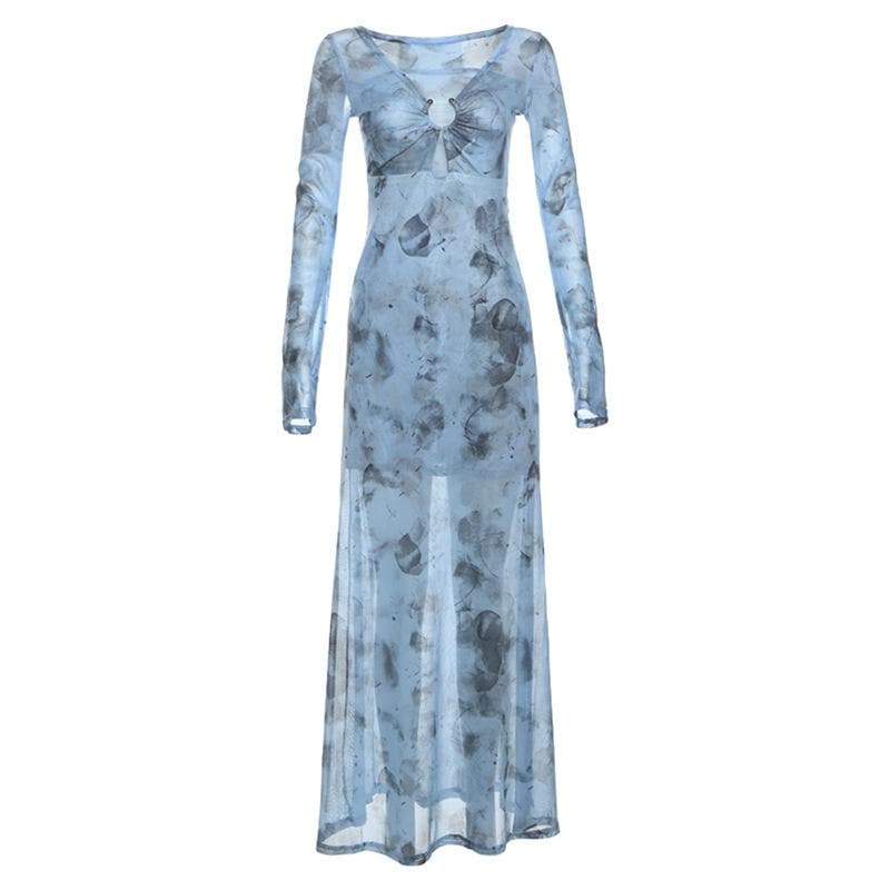 Long sleeve sheer mesh v neck print maxi dress