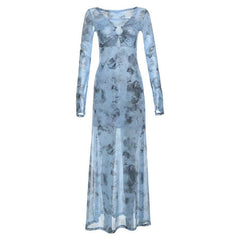 Long sleeve sheer mesh v neck print maxi dress
