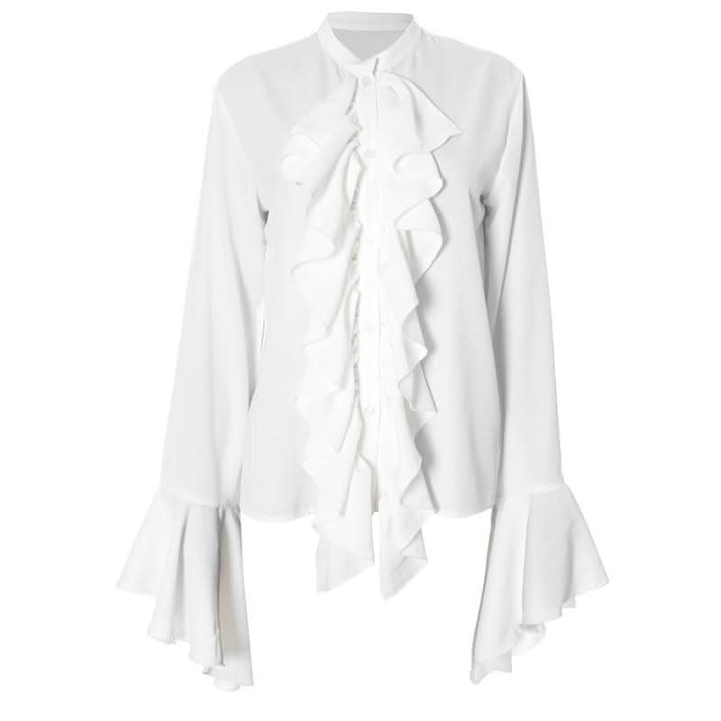 Long flared sleeve ruched ruffle button solid top-final-sale