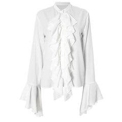 Long flared sleeve ruched ruffle button solid top-final-sale
