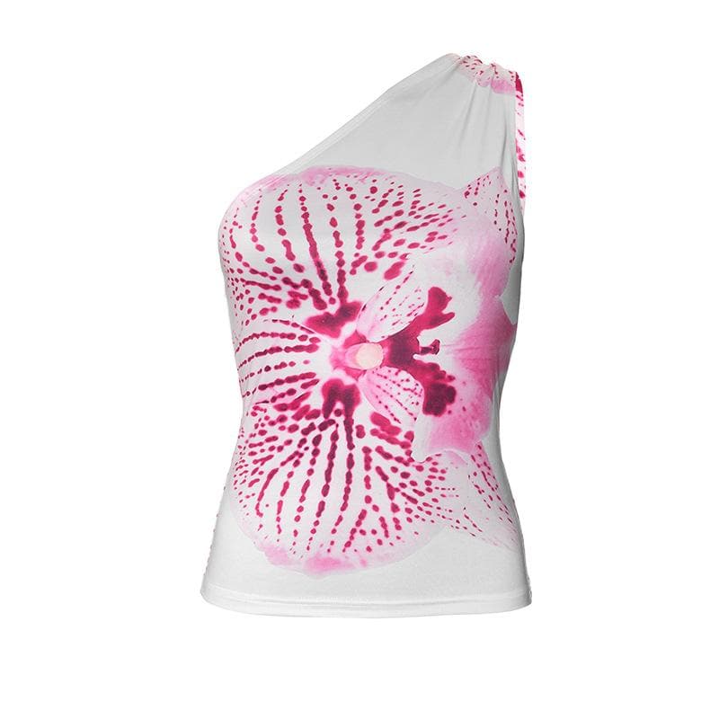 One shoulder ruched print backless top