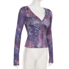 V neck long sleeve tie dye ruched top