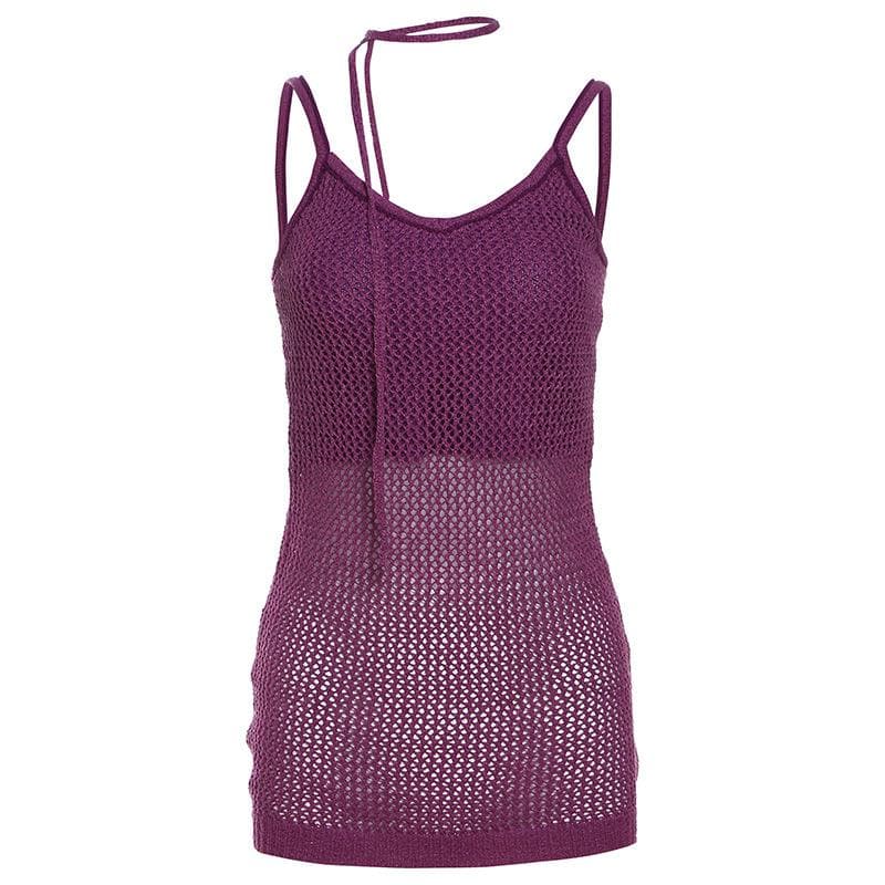 U neck knitted hollow out solid cami cut out top