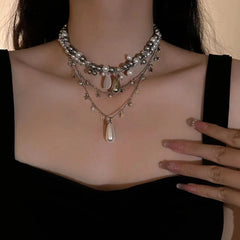 Layered faux pearl pendant choker necklace