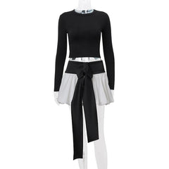 Long sleeve crewneck bowknot lace up ribbon ruched mini skirt set-final-sale