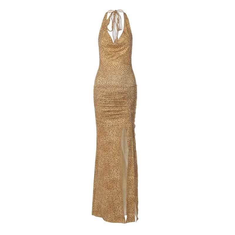 Halter cowl neck print high slit ruched maxi dress-final-sale