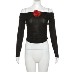 See through flower applique off shoulder ruched long sleeve top-final-sale