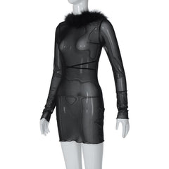 Long sleeve sheer mesh feather ruffle backless mini dress