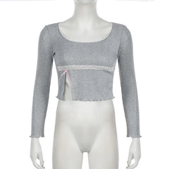 Long sleeve textured lace hem bowknot top