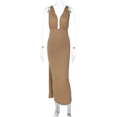 Ruched backless slit ribbon v neck knotted solid maxi dress-final-sale