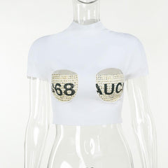 Short sleeve print high neck crop top