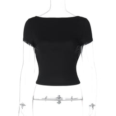 Short sleeve round neck solid backless top