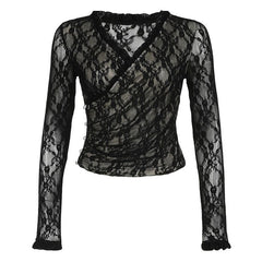Long sleeve v neck lace button top