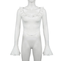 Long flared sleeve crewneck ruffle solid top