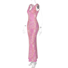 Sleeveless v neck print backless maxi dress