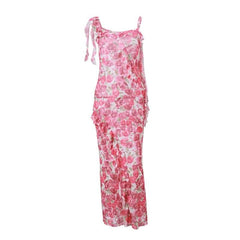 Sheer mesh see through irregular flower print ruffle maxi dress-final-sale