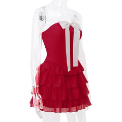 Bowknot applique ruched ruffle lace up tube mini skirt set-final-sale