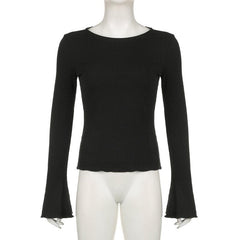 Long flared sleeve crewneck ribbed ruffle solid top