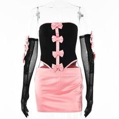 Mesh contrast bowknot gloves lace up tube backless mini skirt set-final-sale
