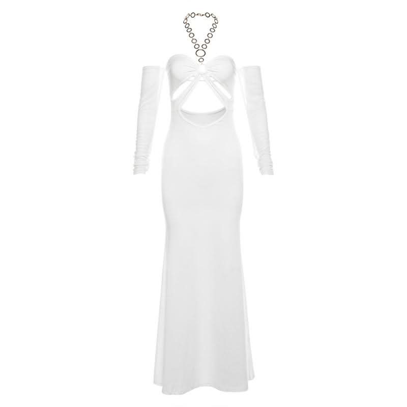 Halter o ring hollow out gloves metal chain mesh cut out maxi dress