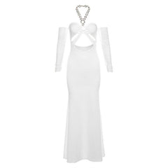 Halter o ring hollow out gloves metal chain mesh cut out maxi dress