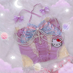 Bowknot beaded "Hello Kitty" pattern mesh cami top