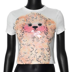 Short sleeve dog print bowknot crop top