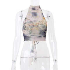 Tie dye beaded halter self tie backless contrast crop top