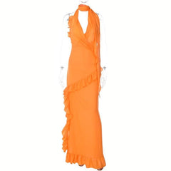 Halter v neck backless ruffle zip-up solid maxi dress-final-sale