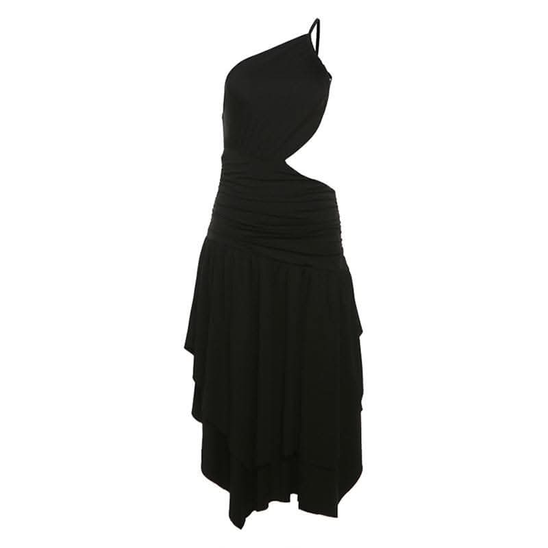 One shoulder hollow out ruched ruffle cut out midi dress-final-sale