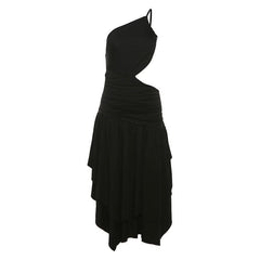 One shoulder hollow out ruched ruffle cut out midi dress-final-sale