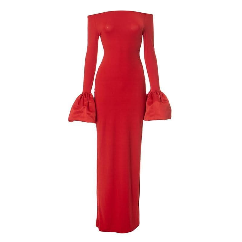 Long flared sleeve off shoulder ruched slit maxi dress-final-sale