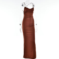 Satin solid lace up cross back v neck low cut maxi dress