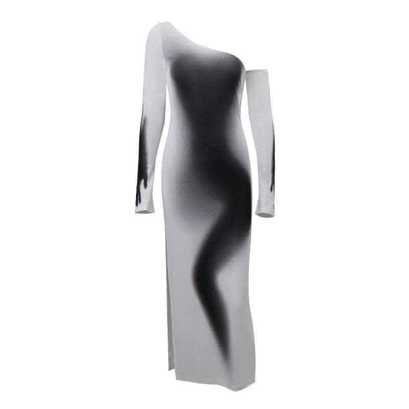 Long sleeve one shoulder ruched palm print gradient slit maxi dress- Final Sale