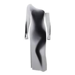Long sleeve one shoulder ruched palm print gradient slit maxi dress- Final Sale