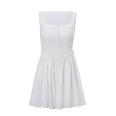 Button ruffle square neck ruched bustier tank mini dress