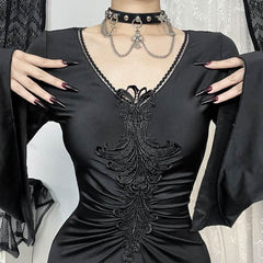Long flared sleeve v neck embroidery maxi dress