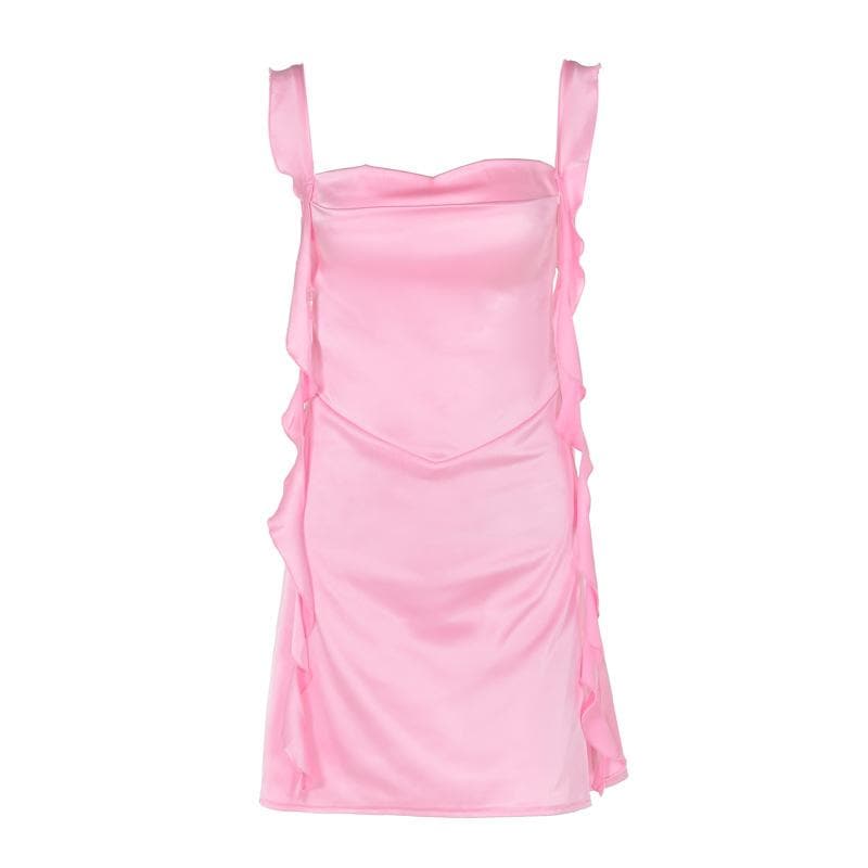 Cowl neck ruffle satin ruched cami mini dress