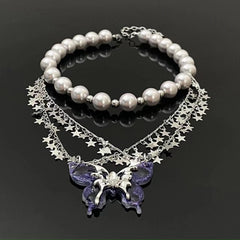 Butterfly star pattern faux pearl choker necklace