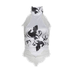 Halter button lace hem print backless top
