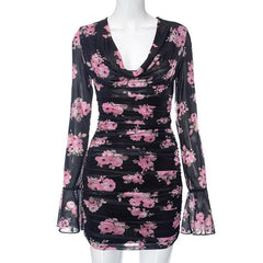 Long flared sleeve cowl neck ruffle flower print sheer mesh mini dress