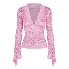 Flared sleeve v neck lace see through solid top-final-sale