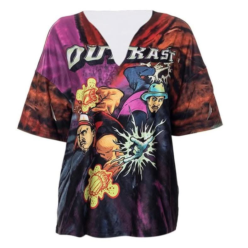 V neck comic pattern long sleeve contrast top-final-sale