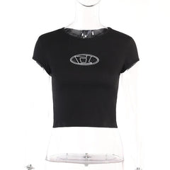 Embroidery contrast cap sleeve crewneck crop top
