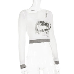 Long sleeve round neck patchwork crop top