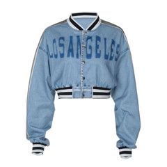 Long sleeve denim letter print patchwork button top